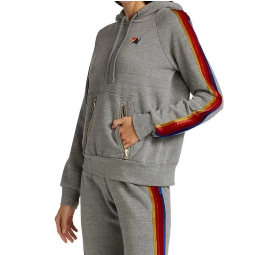 Aviator Nation Rainbow Velvet Stripe Hoodie Small Light Gray Neon